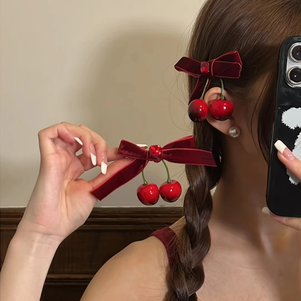 

Cherry Red Velvet Bow Hair Clip-Elegant Edge Design Barrettes Versatile Edge Hairpin Sweet Cool Headwear Girl Hair Accessories