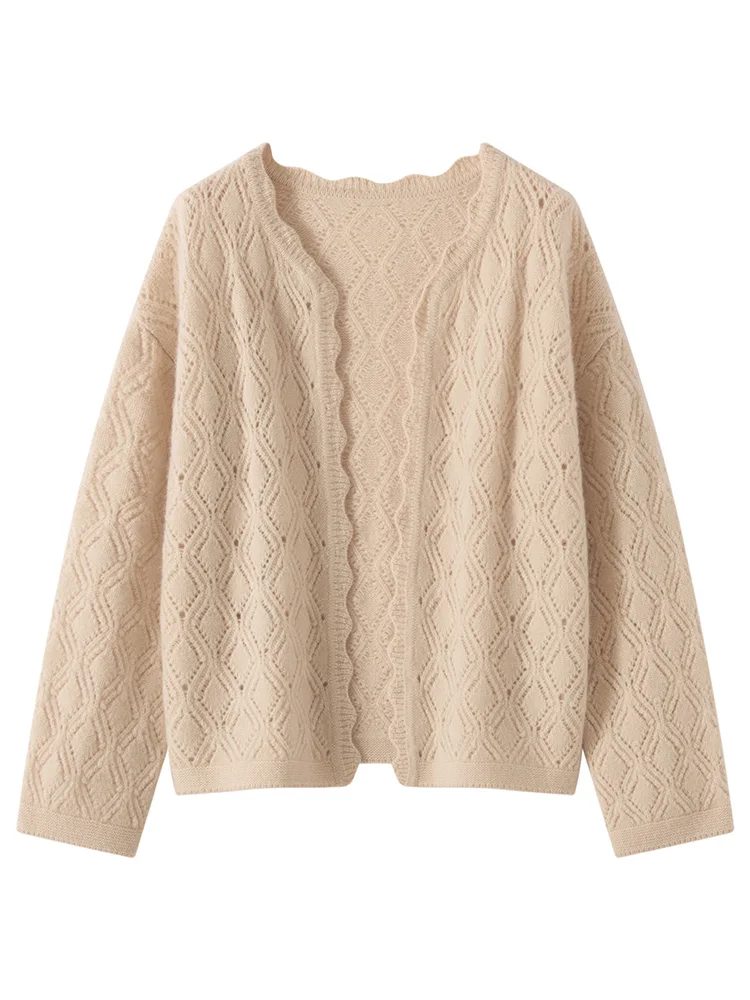 

Hollow Out High Quality Jacquard Autumn Winter 100% Cashmere Exquisite Cardigan Sweater Soft Warm Women's Knitted Clothing Tops