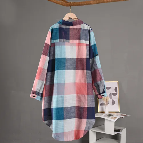Imagen 2 del producto Camisa a cuadros para mujer, blusas informales, Tops para mujer, camisas de manga larga, blusa elegante, ropa de algodón de lino a cuadros