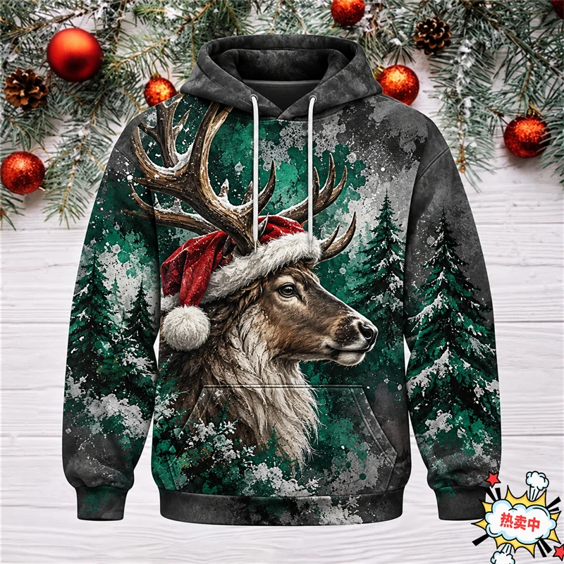 Christmas Reindeer Hoodie 3D Printed Winter Forest Snow Pullover Unisex Long Sleeve Xmas Holiday Party Casual Gift Men Women