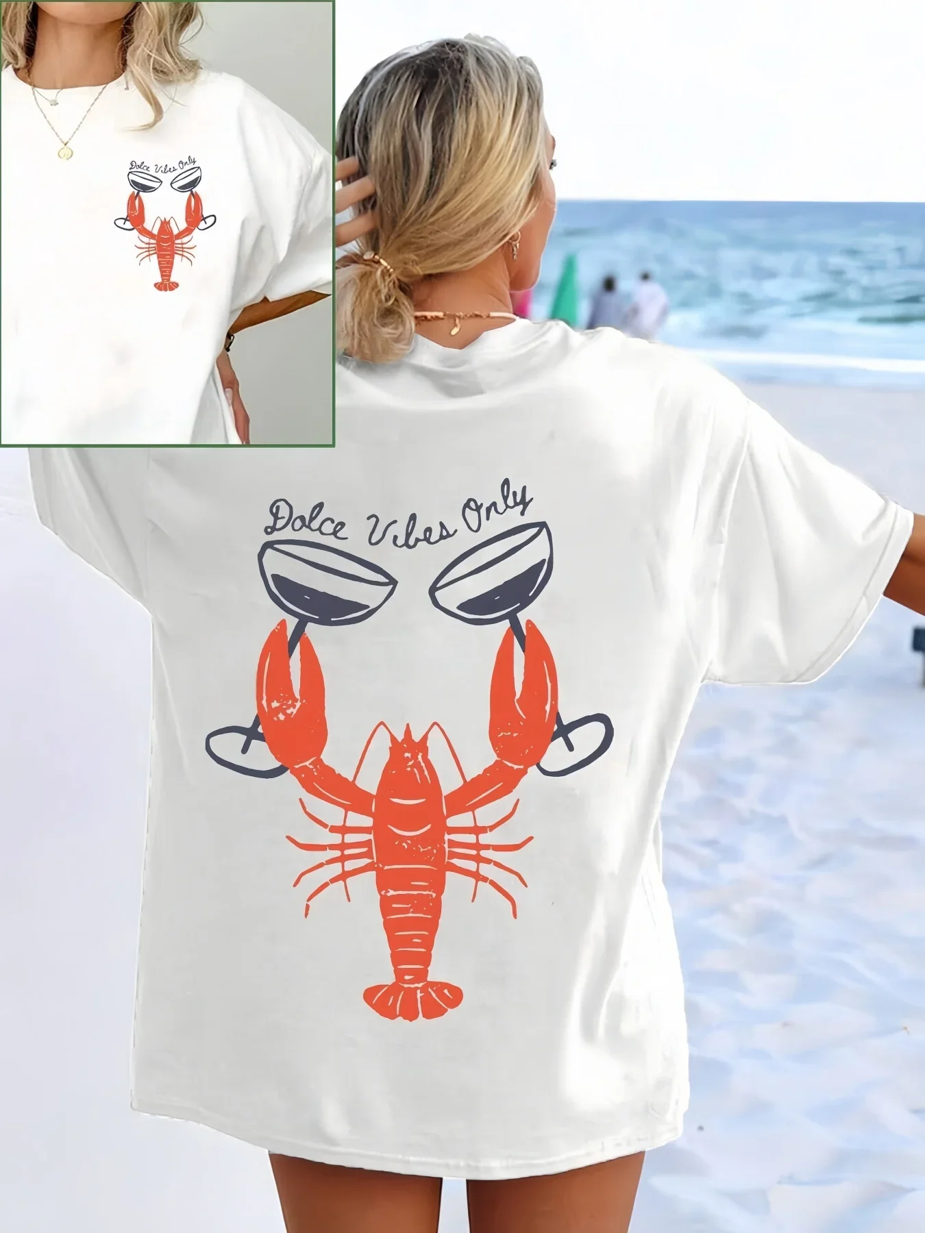 

Lobster and wine glass print short-sleeved T-shirt casual and versatile style suitable for summer daily wear and going out