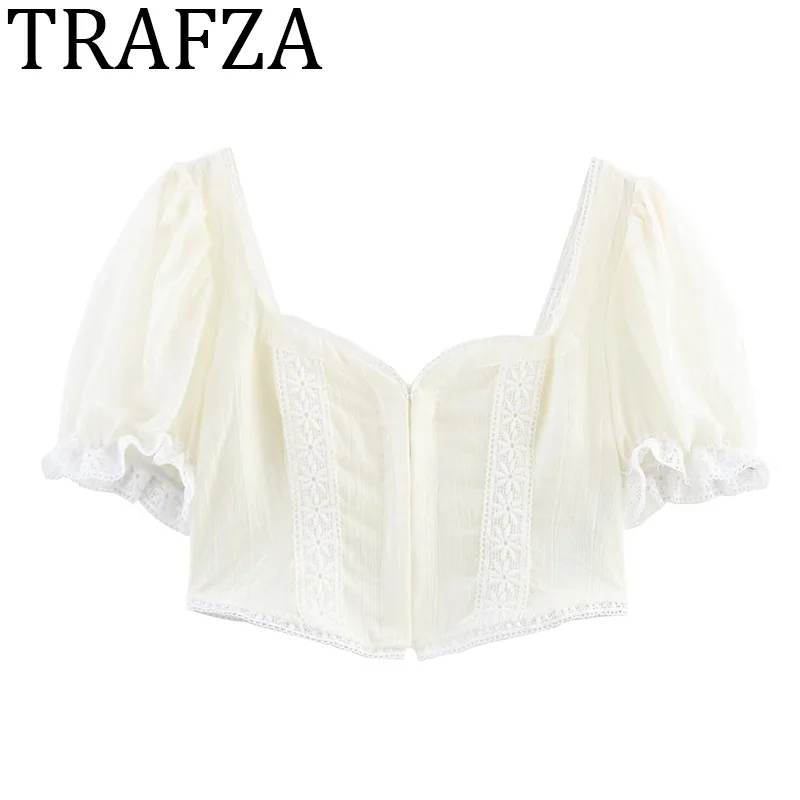 

TRAFZA Woman 2025 Blouse Sweetheart Neck Lace Crop Top Shirts & Blouses Ruch Sexy Short Sleeve Summer Shirt Chic Women Top