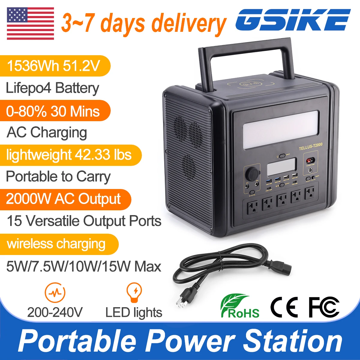 GSIKE T2000 Portable Power Station 2000W Peak 4000W 1536Wh LiFePO4 Battery Pure Sine Wave, Wireless Charging & Emergency SOS Light for Camping Home Backup