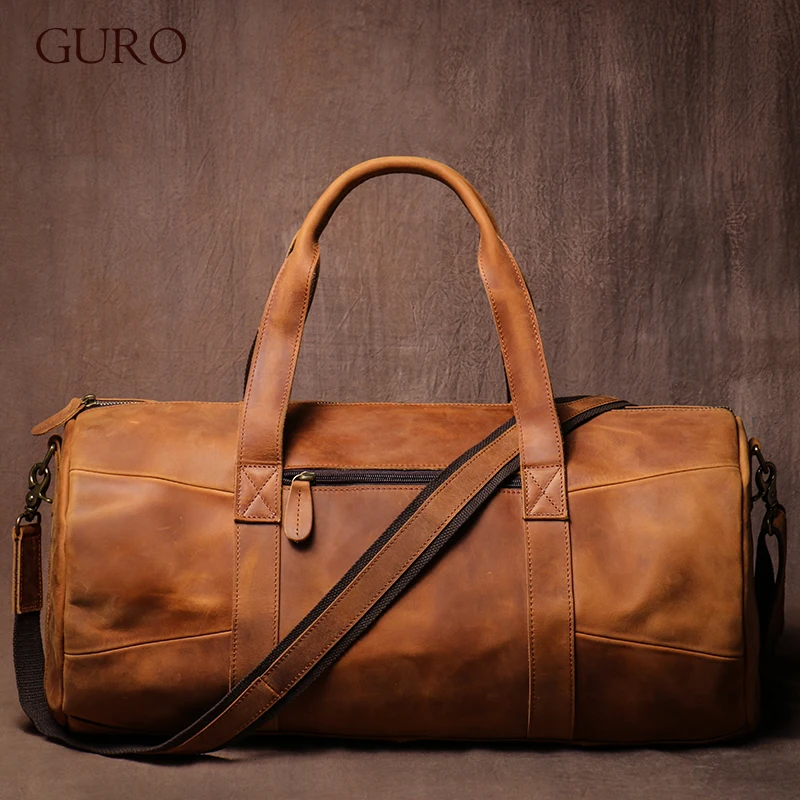 GURO Vintage Crazy Horse Cowhide Travel Bag Men's Real Leather Handbag Casual Weekend Camping Luggage Bag Daily Gym Shoulder Bag