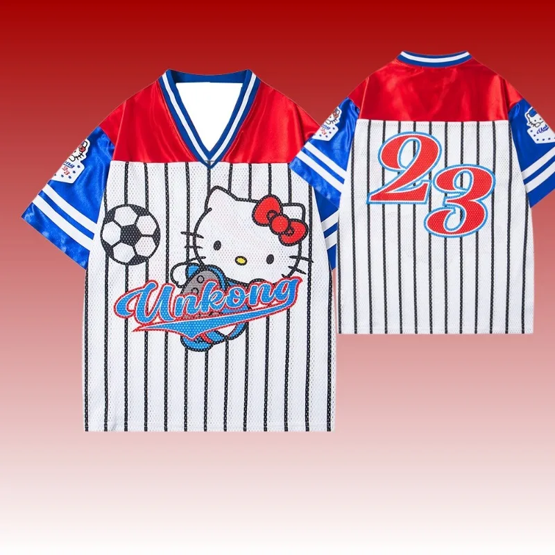 

MOTO-2025 новая футболка Hello Kitty с v-образным вырезом в стиле ретро и короткими рукавами для женщин, летняя модная повседневная спортивная одежда