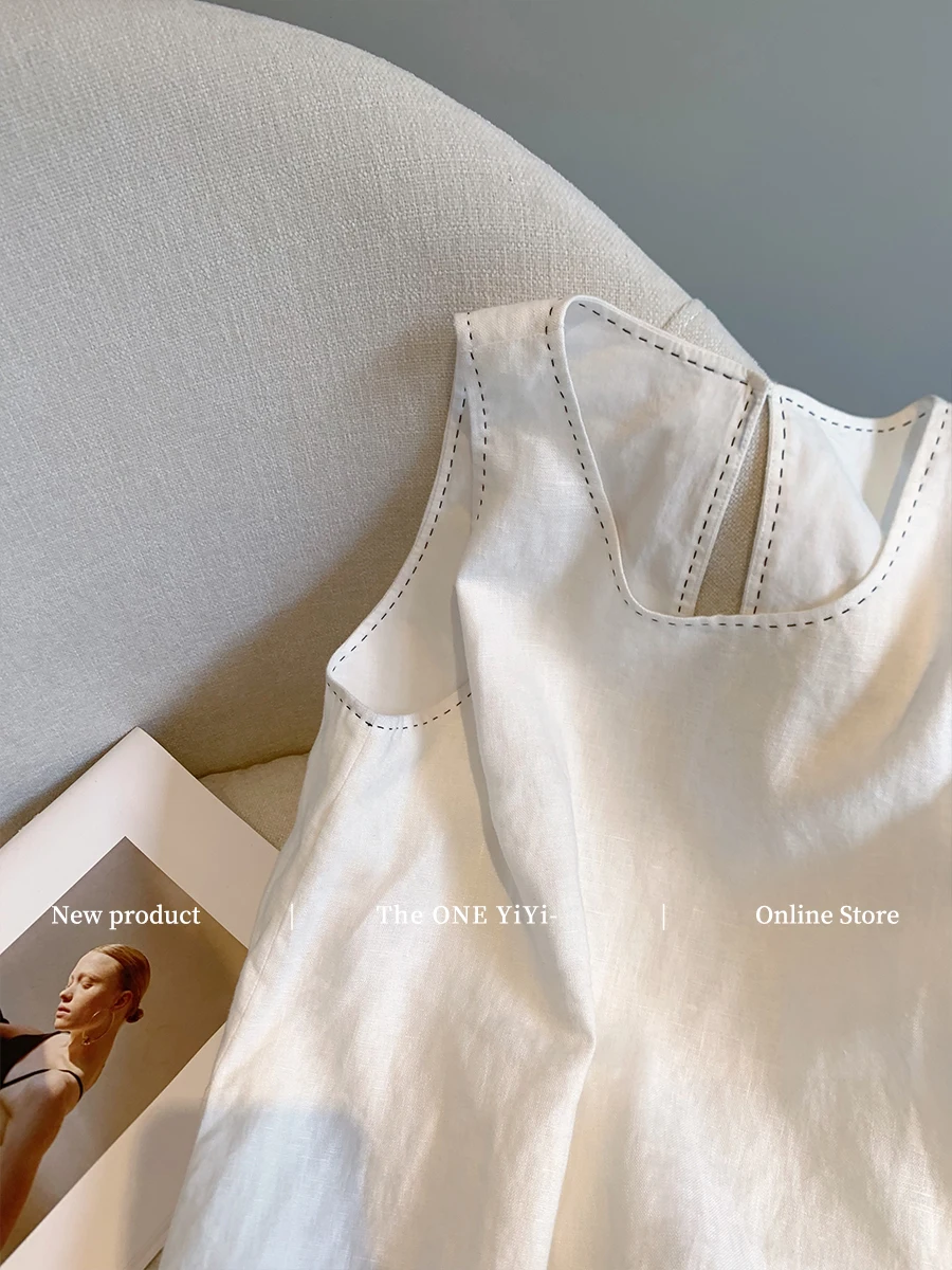 Summer Patchwork Cotton Linen Thin Tank Dress Women's High-End Sleeveless High Waist Casual Loose Short Dress N979