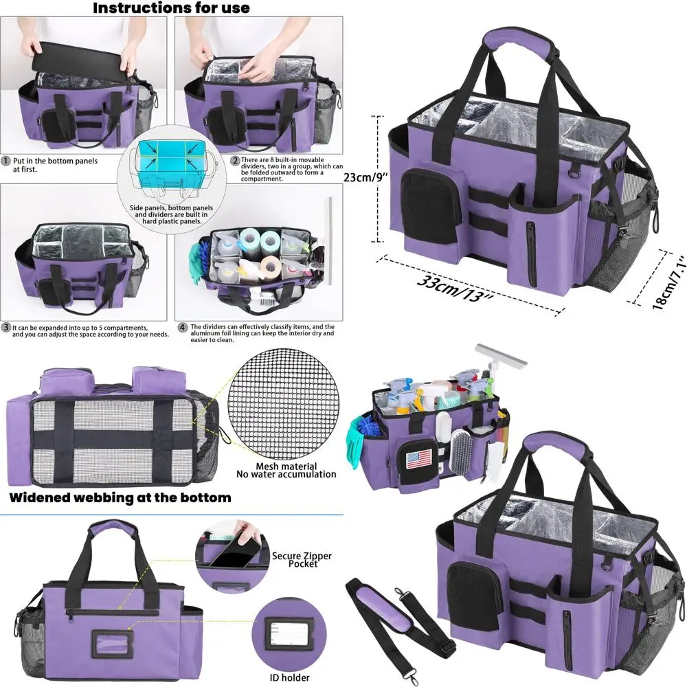 

Portable Cleaning Tote Bag with Adjustable Strap, Purple Organizer for Housekeeping Supplies (13.4 x 7.3 x 9.3)