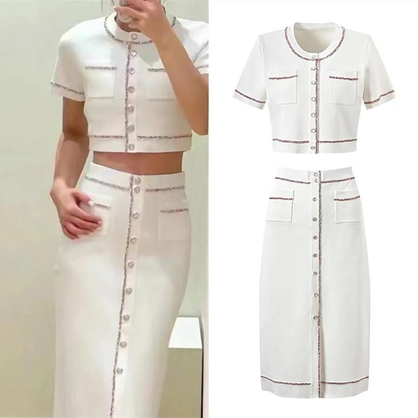 

High-End Version European Sle ort Sve Open Cardigan Women's Pink White Knitted Top f-length Skirt Set