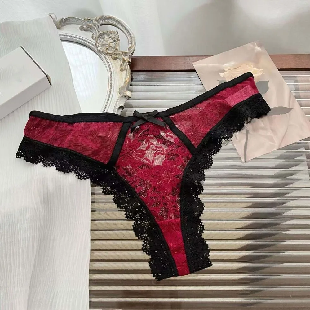 Sweet Patchwork Mesh Floral Bowknot Panties Ruffle Thong Lace Flower Transparent Briefs Underwear Female Lingerie Lady