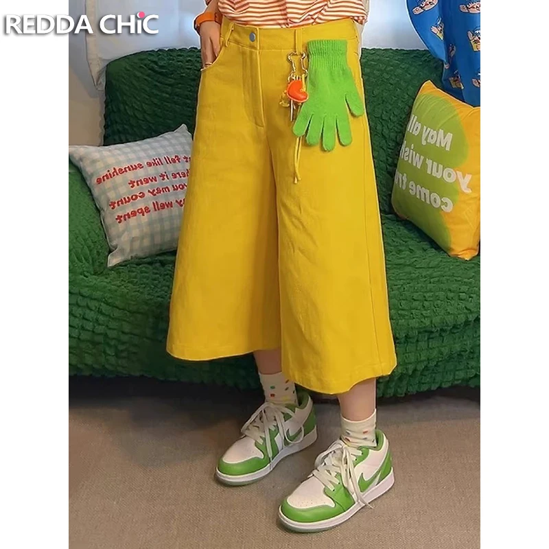 

ReddaChic Denim Yellow Women Bermuda Shorts Going Out Kawaii Clean Fit Loose Straight Wide Leg Cropped Jeans Vintage Streetwear