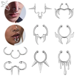 ZS 1 Piece Cyberpunk Fake Nose Ring Gothic Style Faux Septum Piercing Unisex Spike Ox Horn Non-Pierced Clip On Nose Body Jewelry