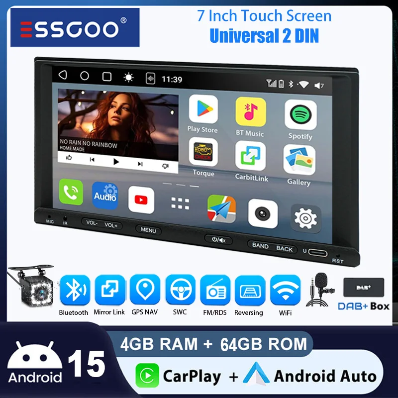 Universal Autoradio ESSGOO Android15 7" 2+64 GB/4+64 GB GPS Navigation Wireless CarPlay Bluetooth Android Auto RDS FM USB Typ-C WiFi 2 DIN Touchscreen Lenkradsteuerung Mirror Link