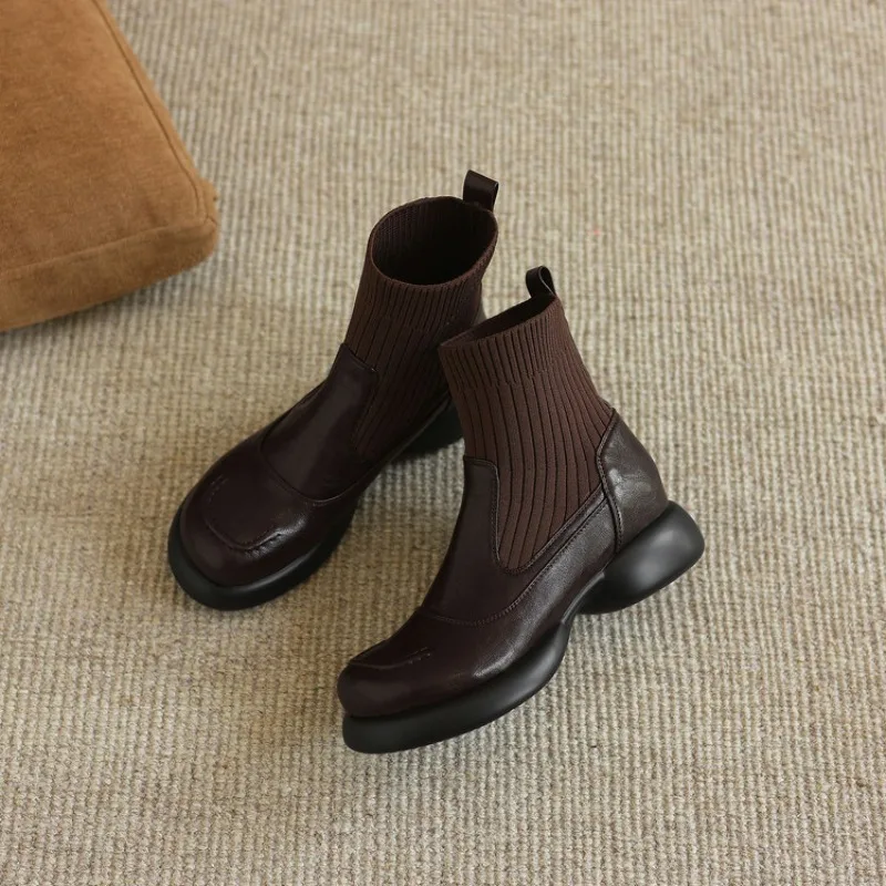 Autumn  New Womens Boots Socks Shoes Soft Leather Comfortable Chunky Heels Elastic Ankle Boots Vintage Zapatos Para Mujeres