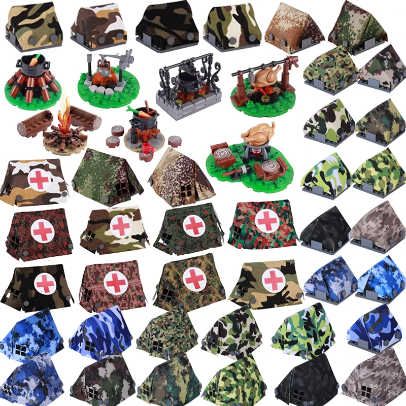 MOC Military Building Blocks Army Soldiers Troops Field Camouflage Spotted Tent Bonfire Roast Chicken Weapons Bricks Kids Toys