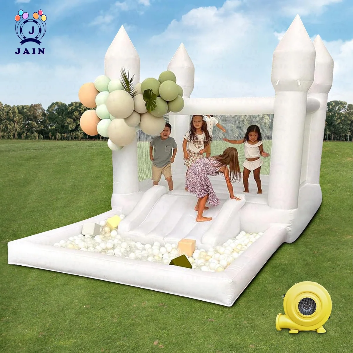 Casa de rebote inflable de PVC de grado comercial, Casa Blanca con foso deslizante y bola, Castillo de rebote para cumpleaños/boda/Fiesta, 13 × 8 × 8 pies