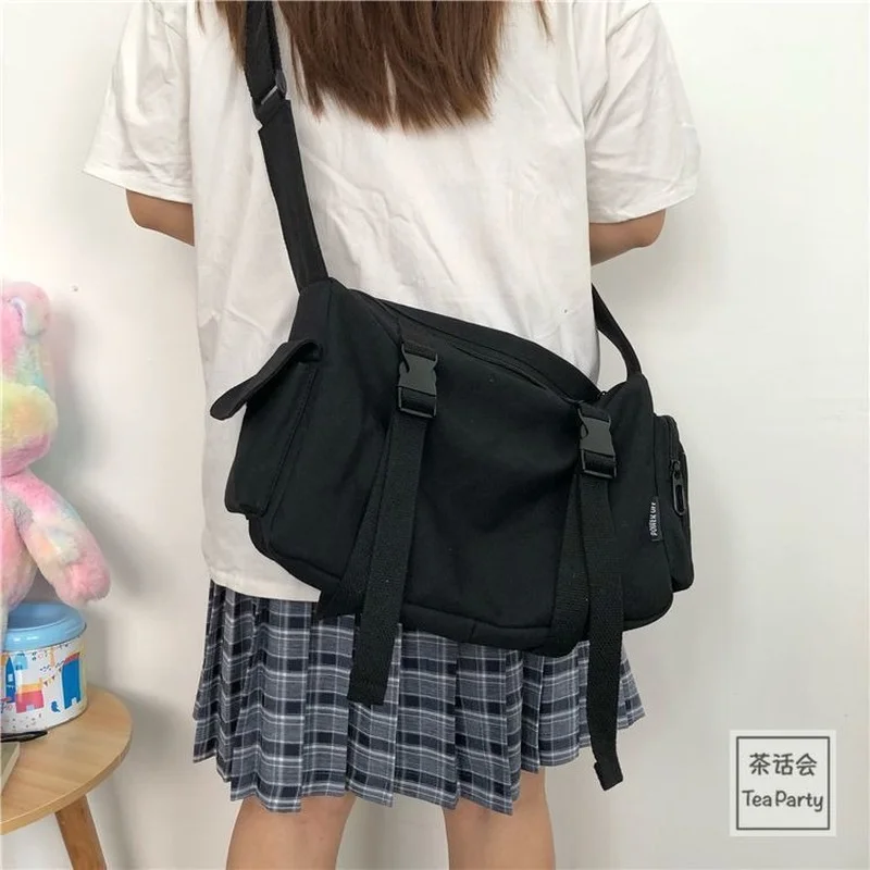 Black Crossbody Bags Women Design Pockets Canvas Large Capacity Tote Dark Academia Retro Cross-body Bag Unisex BF Japanese Style