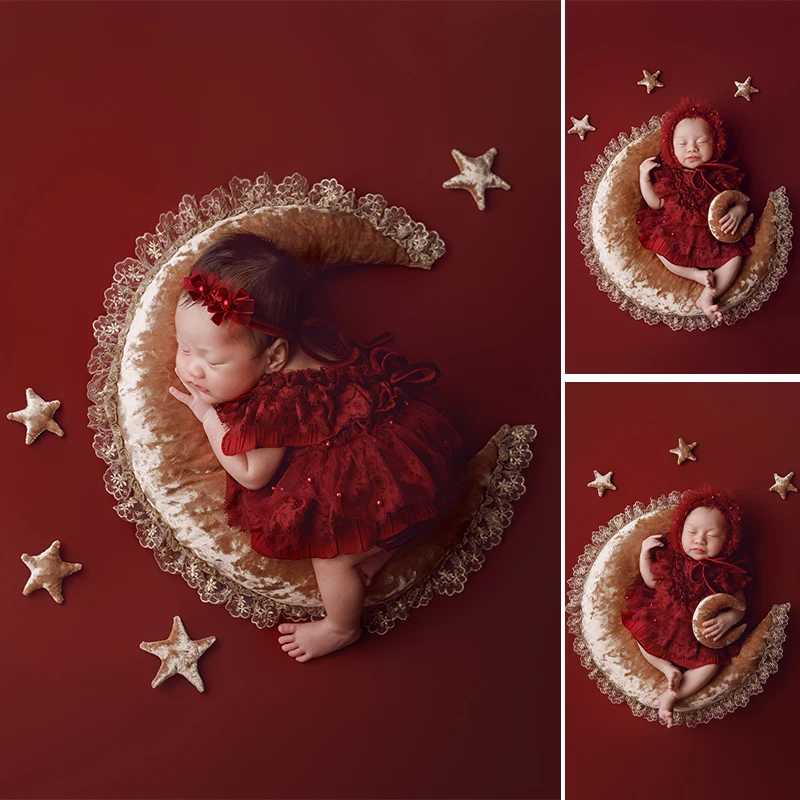 신생아 사진 소품 0-1개월 아기 소녀 레이스 롬퍼 드레스 별 장식이 있는 달 베개 스튜디오 배경 사진 촬영 액세서리