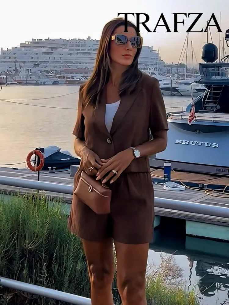 

TRAFZA Women Summer Shorts Set Solid Lapel Short Sleeve Casual Blazer Top+Elegant Side Pocket Elastic Waist Belt Decorate Shorts