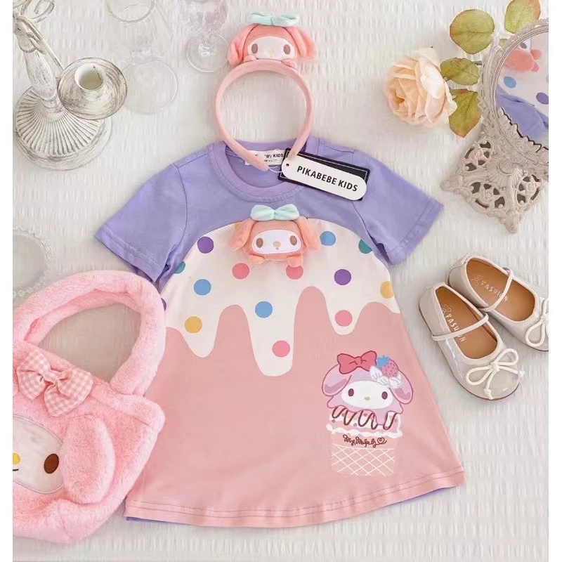 Sanrios My Melody Baby Dress para meninas, Anime Kawaii Princess Dresses, T-shirt de boneca infantil, saia de algodão infantil, roupas de verão