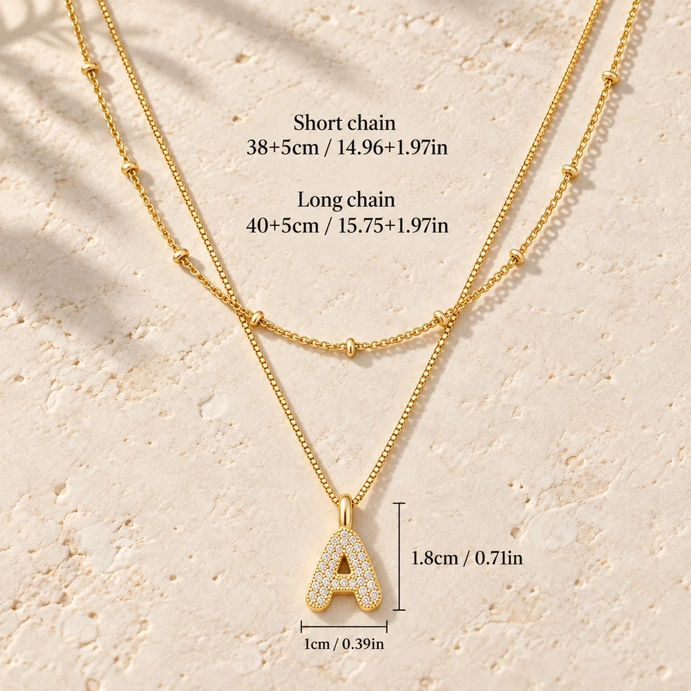 Vergoldete Buchstaben-Halskette für Damen und Herren, Initialen-Anhänger mit Zirkonia-Perlen, mehrlagiger Schmuck, Geschenk, modisches Accessoire, Geschenkidee. – Detail 5