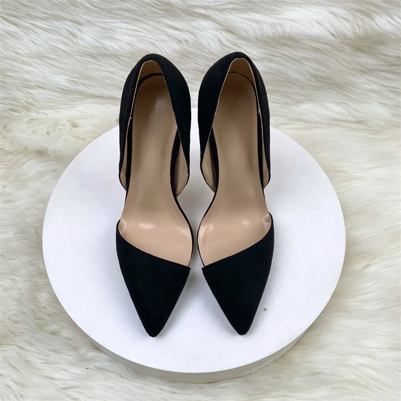 Black Suede Pointy Toe Side Cut High Heel Shoes with Spikes Sexy Suede Slip On Stiletto Pumps for Party Show Wedding