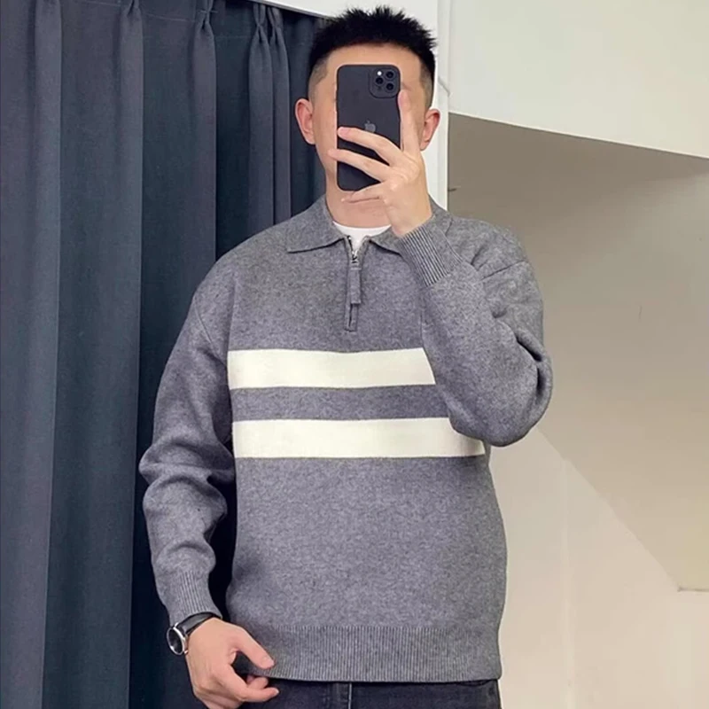 

Spring Striped Half-Zip Knitted Sweaters For Men Casual Turn-down Collar Y2K Knitwear High Street Fashion Warm Pullover Jumpers