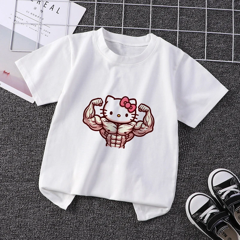 

HelloKittys Kids T-Shirt Muscle Funny Kuromi Tee Shirts Children Cartoons Kawaii Casual Clothes Anime for Boy Girl Tops Clothing