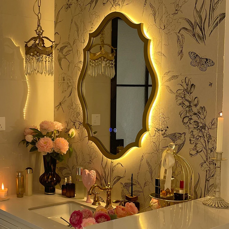 

French oval wooden lighting with lamp LED smart touch sink toilet wall mount filling light shaped mirror