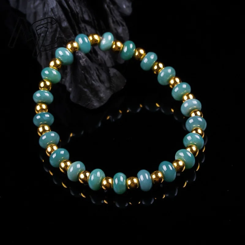 

Браслет из натурального бирманского нефрита с бусинами в форме круга, цвета голубой воды, ручной работы, амулет, модное ювелирное украшение, подарок для женщин