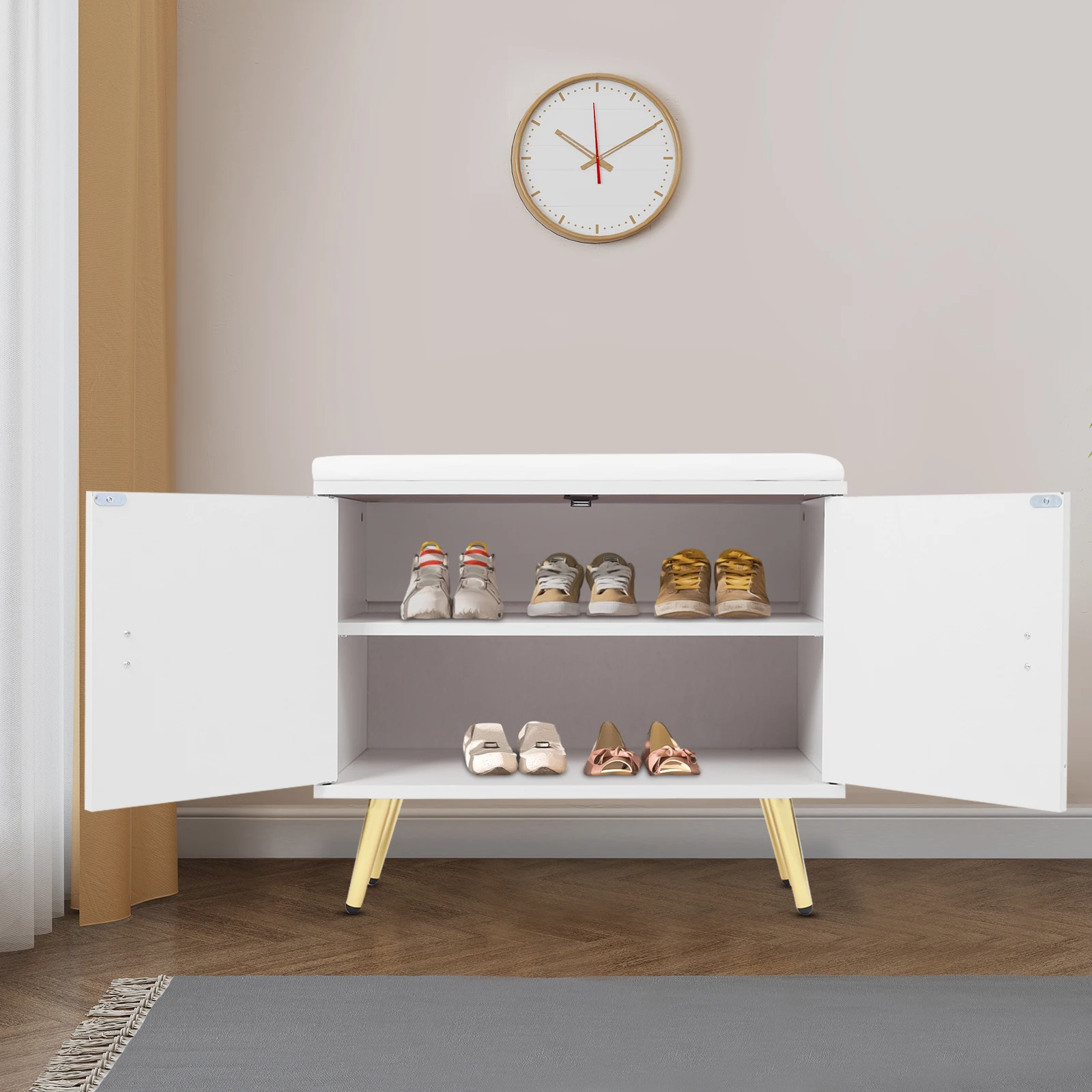 مقعد أحذية حديث أبيض + ذهبي مع مساحة تخزين من طبقتين وقسم قابل للإزالة، أرجل معدنية، سعة تحميل 100 كجم مقاس سطح المقعد 60*32 سم #5