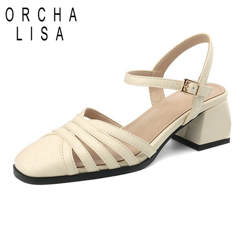 ORCHA LISA 2024 New Roamn Hollow Women Sandals Strap Buckle 5cm Thick Heel Big Size 40 41 42 43 Dress Black White Brown