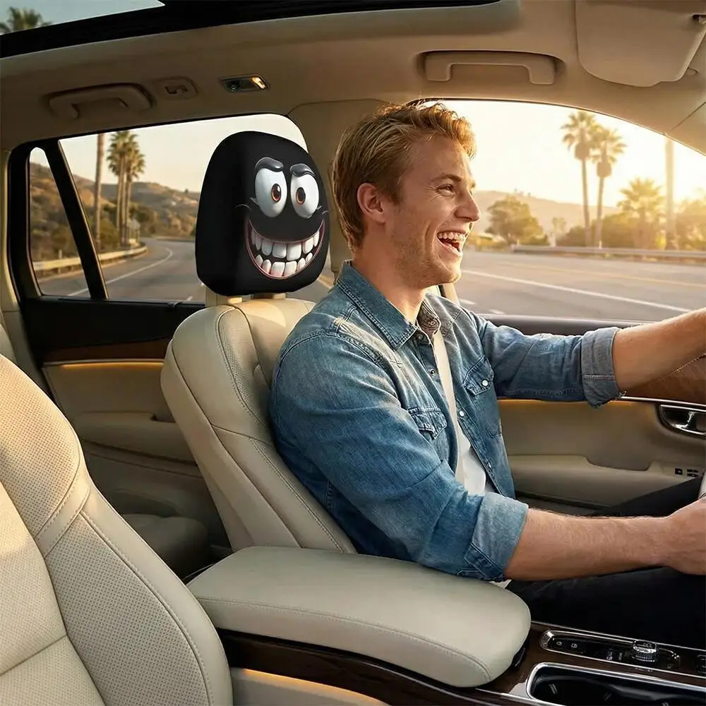2Pcs Wide-Eyed Grinning Face Car Headrest Covers, Soft High Elastic 2D Flat Printed Universal Auto Interior Headrest Protectors