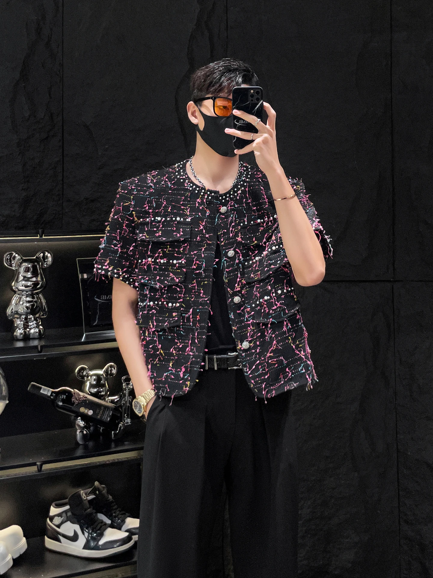 

HOMME Summer Pearl Trim ort Sve Jaet Men's Versatile oulder Pad Outerwear Loose Fit Youthful Sle round Ne Single...