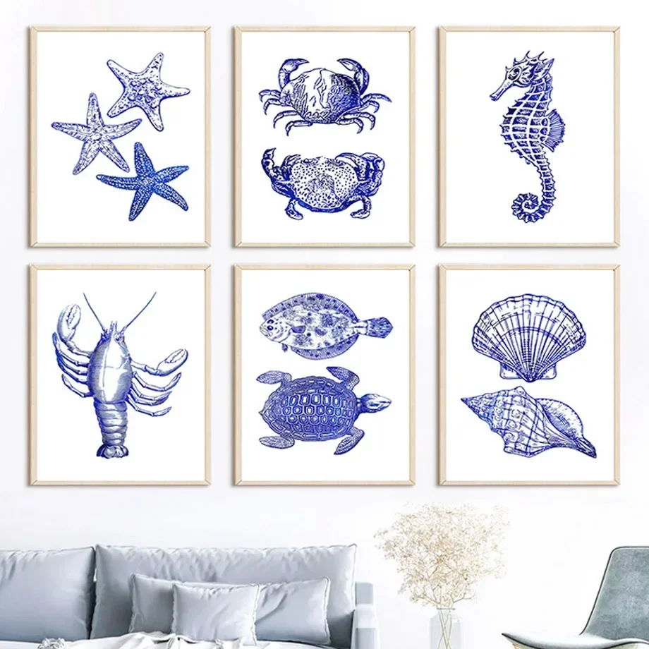 Seahorse Crab Starfish Lobster Turtle Conch Gallery Wall Art Print Canvas  Posters for Living Room Modern Home Decor