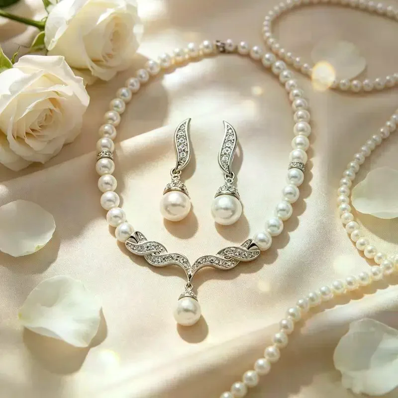 Faux Pearl Jewelry Set 2Pcs Sparkling Rhinestone Detail Matching Evening Gowns for Wedding Prom Formal Events