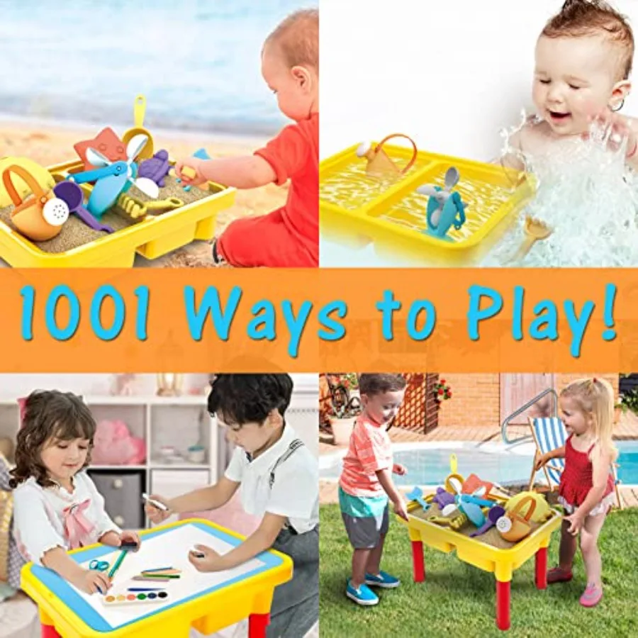 Table de sable et d'eau pour tout-petits, poubelle sensorielle intérieure et extérieure 3 en 1 pour Table de bébé Portable avec couvercle et jouets de plage pour tout-petits