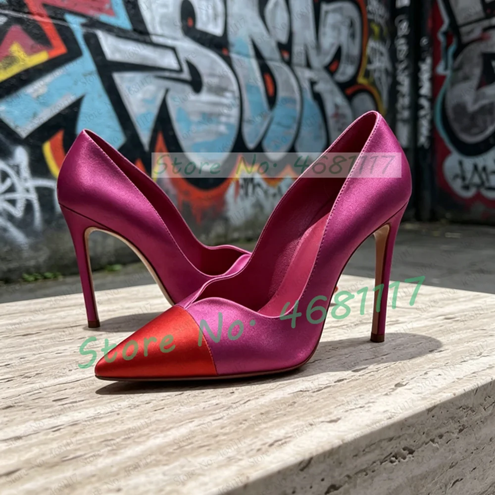 Rose Red Satin Pumps With Red Pointed Toe Women Sexy Wavy Edge Design High Heels Ladies Nifty Large Size Party Stiletto Shoes view 3