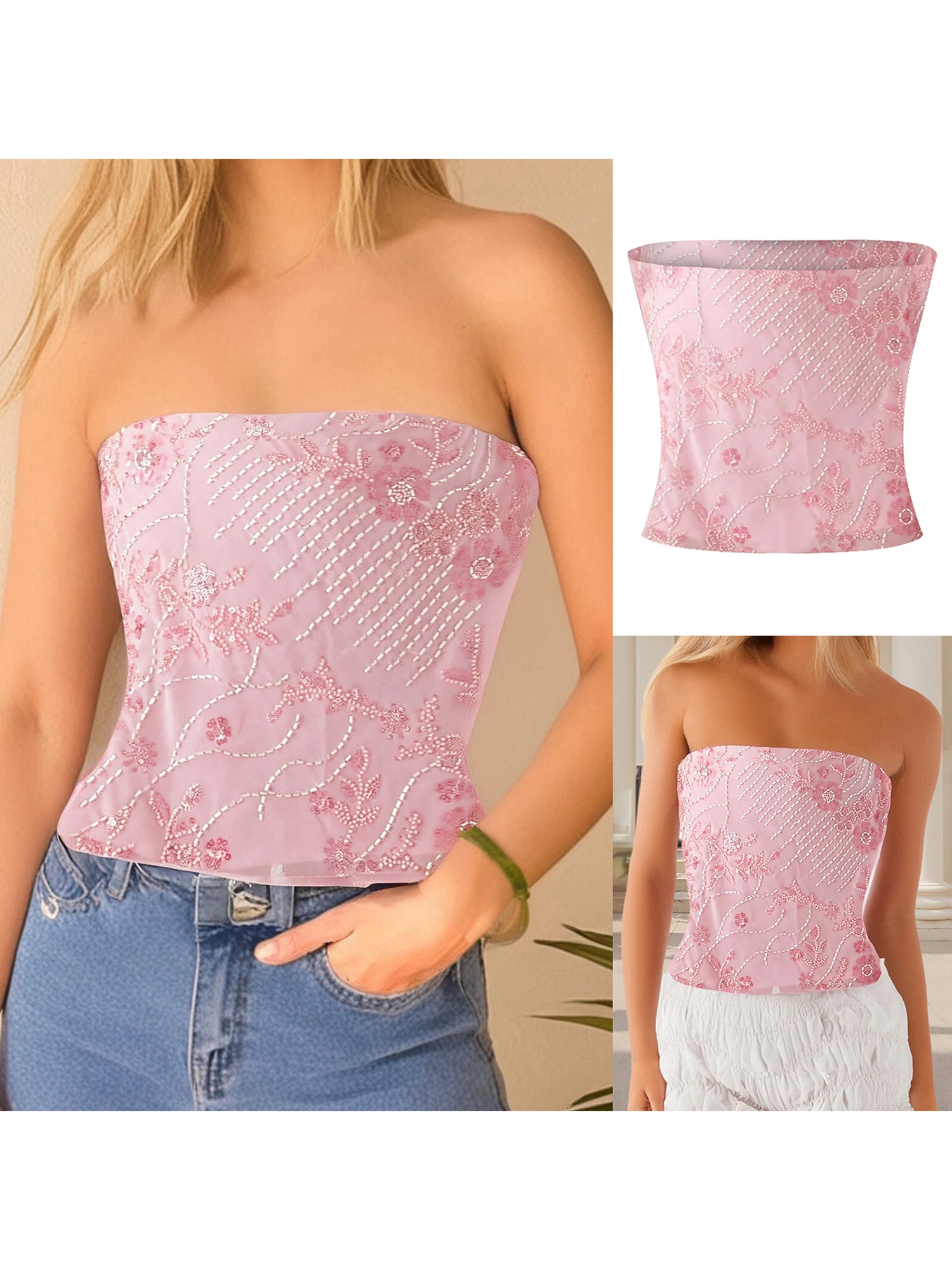 Haut court à paillettes scintillantes pour femmes, épaules dénudées, sans bretelles, sans manches, chemises Bandeau de fête, bustiers floraux pour l'été