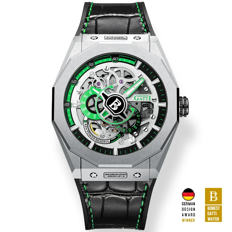 BONEST GATTI ساعة أوتوماتيكية للرجال 42 ملم ساعة يد ميكانيكية عسكرية هيكل عظمي مقاومة للماء ياقوت مضيء
