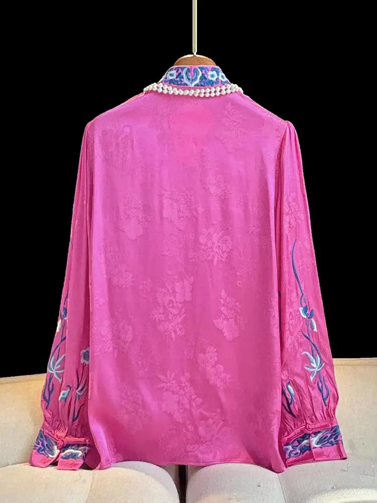 High Quality Rose Red New Chinese Style Rayon Jacquard+Embroidered Standing Collar Women's Long Sleeved Shirt S-XXL