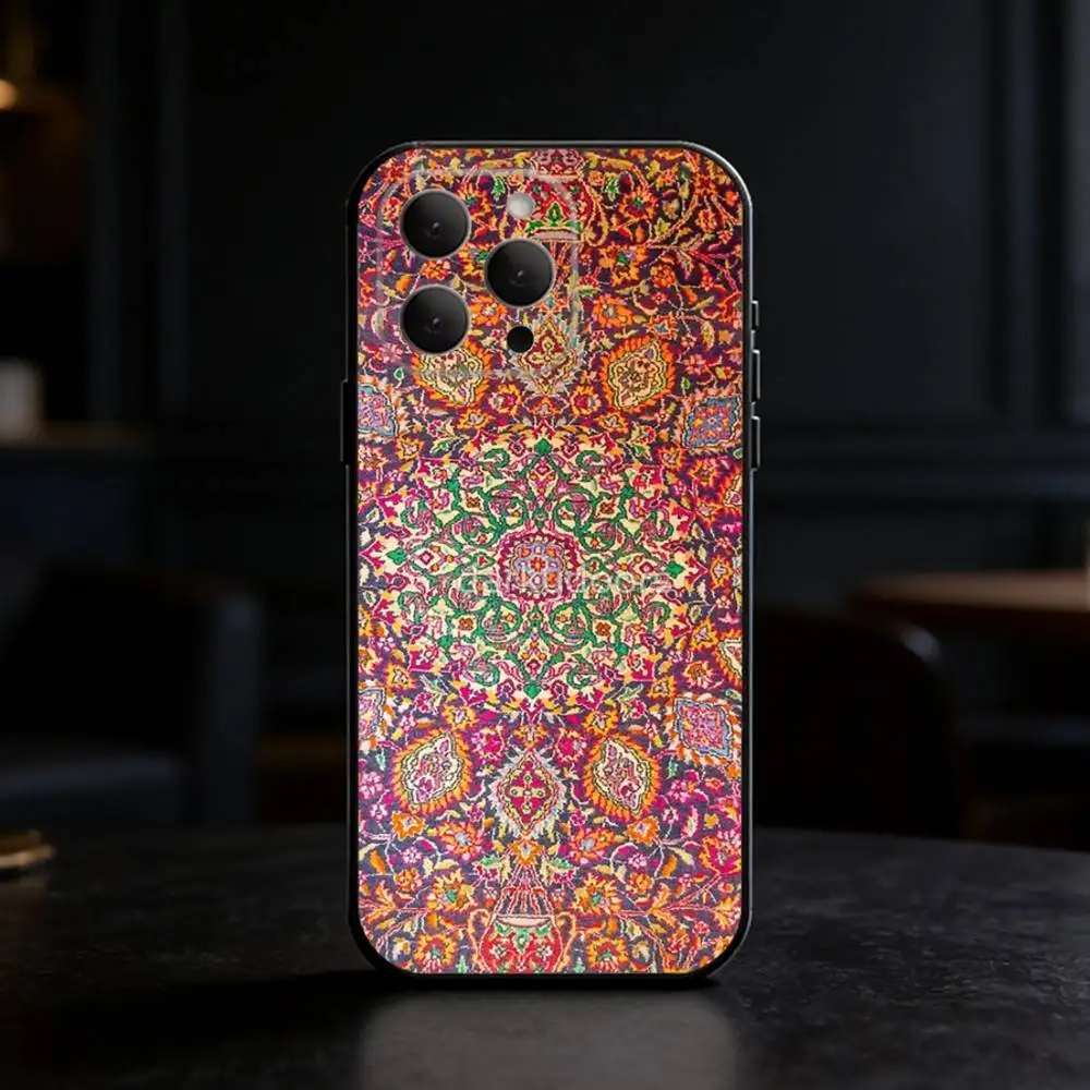 Persian Carpet Floral Pattern Phone Case For iPhone 17,16,15,14,13,12,11 Plus,Pro,Max,Mini Silicone black Soft Cover