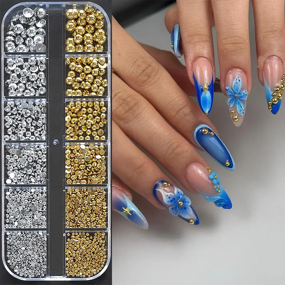 12 Gitter 3D Kaviar-Perlen Nagel-Charms 1/2/3/5mm Gold Silber Halb-/Runde Kugeln Nagelkunst-Dekorationen DIY Maniküre Strass-Deko