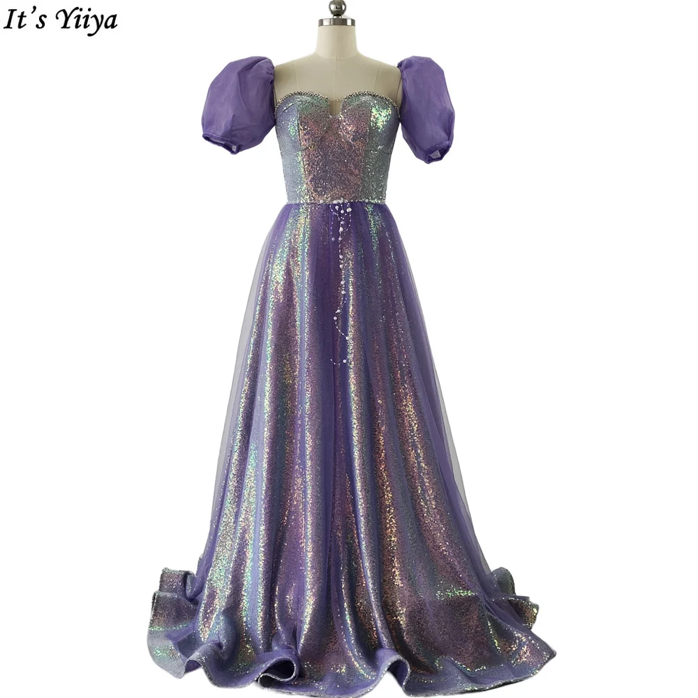 

It's Yiiya Evening Dress Purple Sequins Beading Pearl Strapless A-line Pleat Floor Length Plus size Women Party Dresses B2310