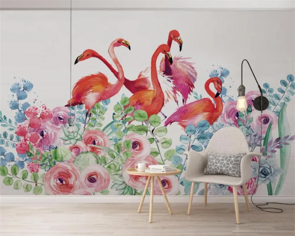 

Customized wallpaper 3D hand drawn watercolor flowers flamingos living room bedroom TV background wall decoration painting