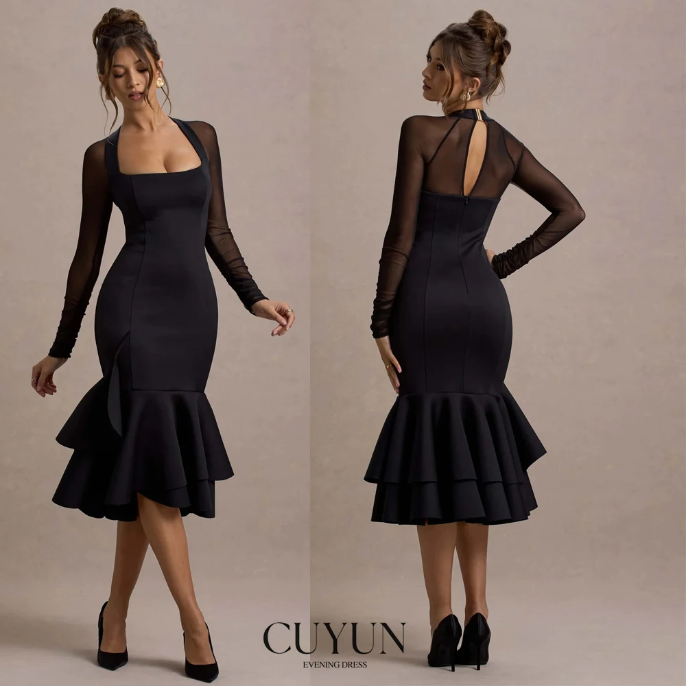 

CUYUN Elegant Sheath Prom Dresses for Women Long Sleeves Mermaid Draped Evening Gown Customized Party Dress for Special Occasion