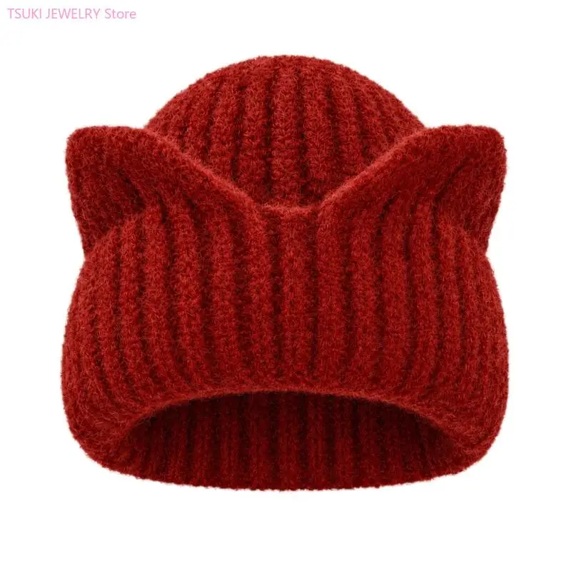 62KE Dense Acrylic Winter Hat with Pointed Ears and Wide Coverage Band Female