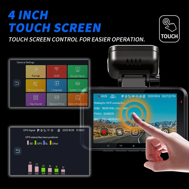 XUOIB RX4C 2K 4CH GPS Dash Cam for Car IMX662 External Left&Right Cam 4'' Touch Screen Support 24H Parking Monitor view 2