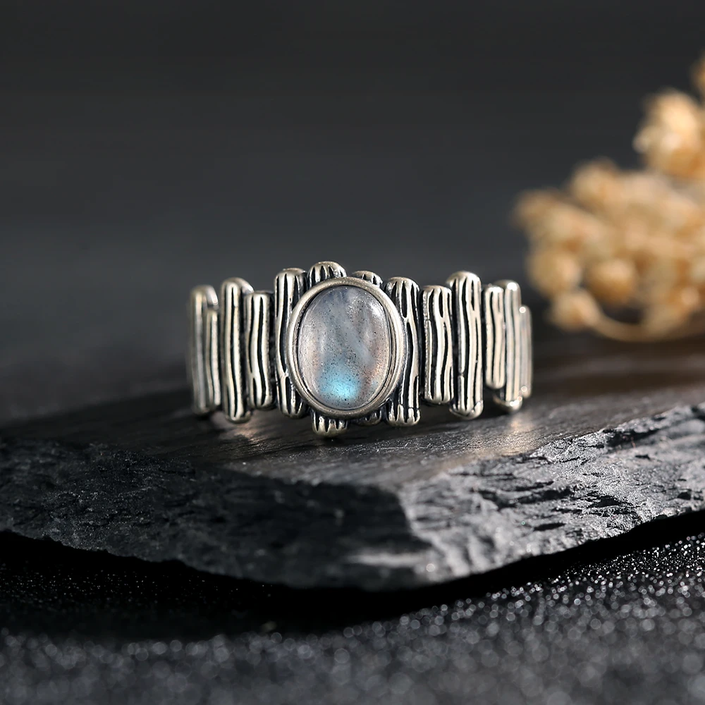 Irregular design 925 sterling silver hip-hop men's ring with natural 7 * 9mm moonstone women's ring party jewelry size adjustabl