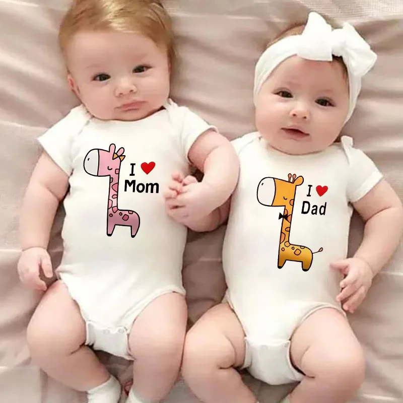 I Love Papa Mama Newborn Boy Girl Bodysuits Soft Casusl Baby Onesies Cute Giraffe Printed Twin Clothes Infant Baby Bodysuits