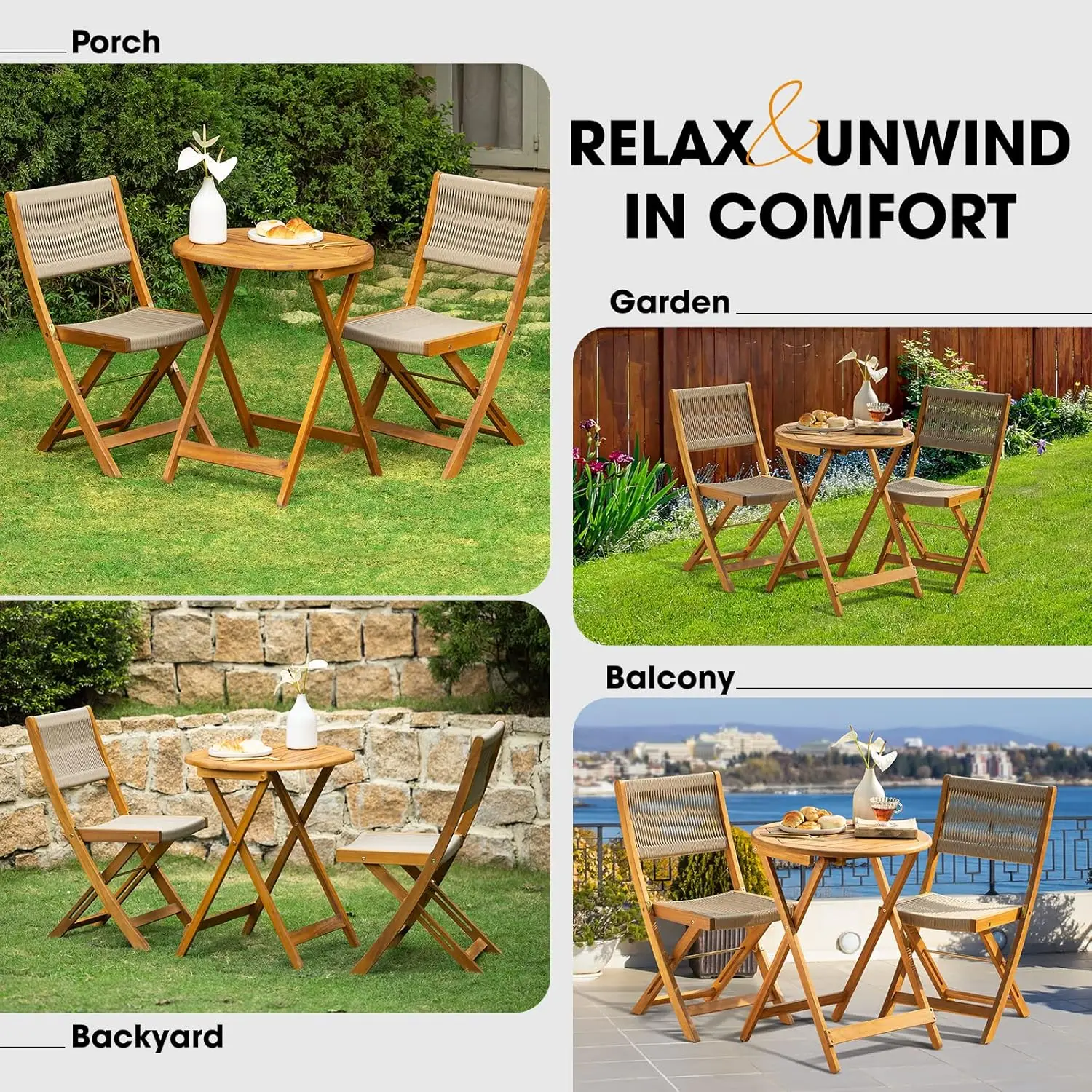 Hochleistungs-Terrassen-Bistro-Set mit einer Kapazität von 400 Pfund und 3 Stück im Freien, Klappstühle mit elegantem Holz seil design-beige